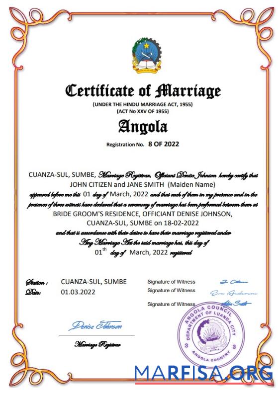 Blank Angola marriage certificate Word and PDF template